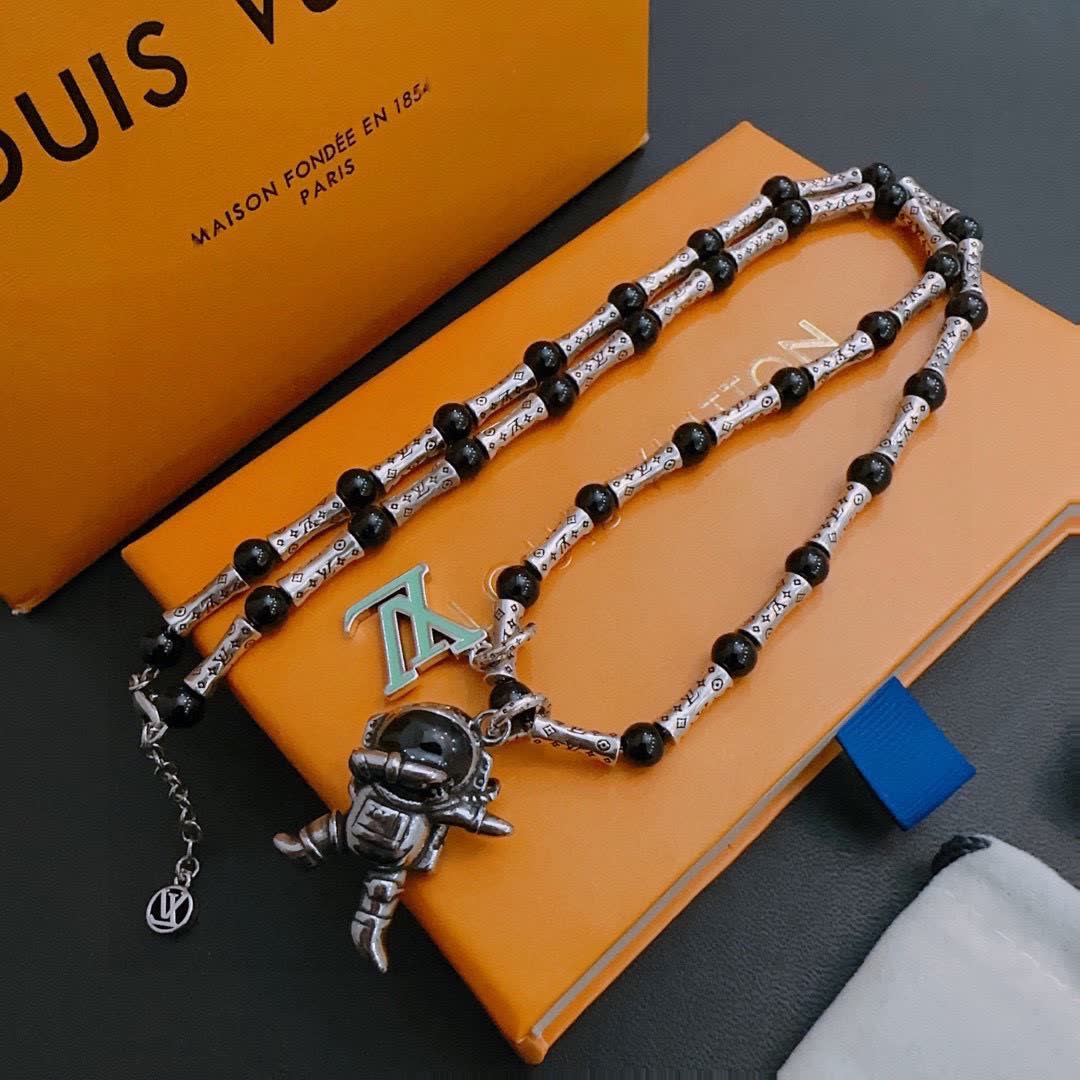 Louis Vuitton Silver and Black Beaded Necklace with Astronaut Charm